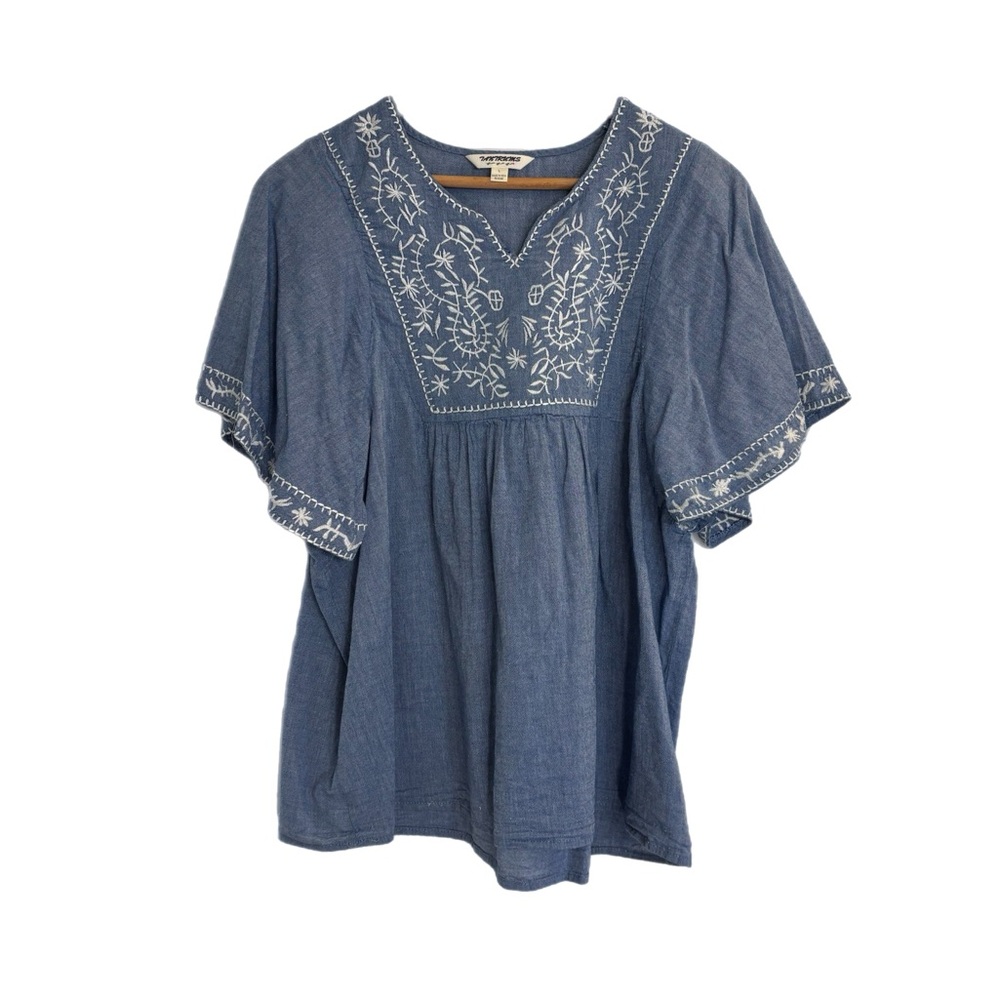 Tantrums embroidered chambray flutter sleeve peasant top